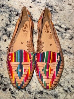 Handwoven Multi-Color Huarache Flats with Tan Trim - Women